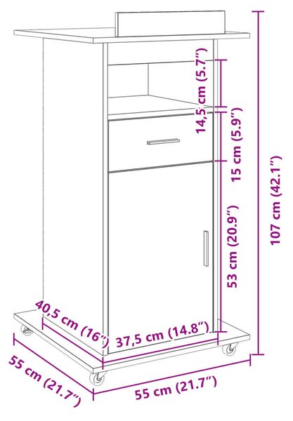 VidaXL szerelt fa állópult kerékkel és fiókkal 55 x 55 x 107 cm