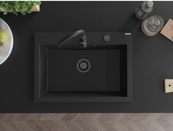 Mexen Elix, 1 tálos gránit mosogató 700 x 500 mm, fekete/ezüst metál, fekete szifon, 6526701005-73-B