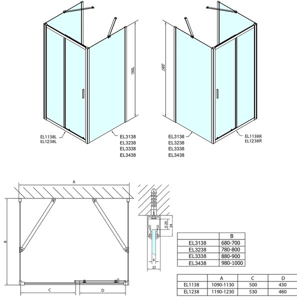 Polysan Polysan, EASY zuhany sarok, három fal 1100x800mm, bal/jobb változat, téglaüveg, EL1138EL3238EL3238