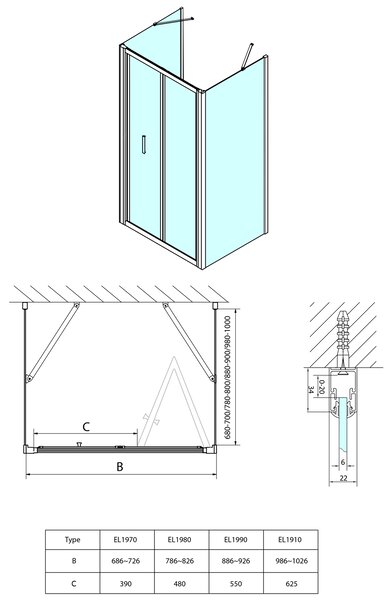 Polysan Polysan, EASY zuhanykabin három falú 900x700mm, összecsukható ajtó, bal/jobb változat, átlátszó üveg, EL1990EL3115EL3115