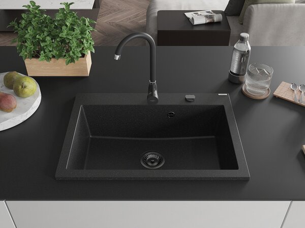 Mexen Elix, 1 tálos gránit mosogató 700 x 500 mm, fekete/ezüst metál, fekete szifon, 6526701005-73-B