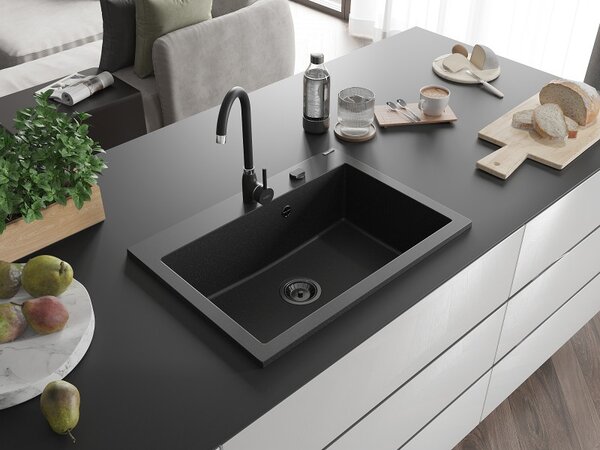 Mexen Elix, 1 tálos gránit mosogató 700 x 500 mm, fekete/ezüst metál, fekete szifon, 6526701005-73-B