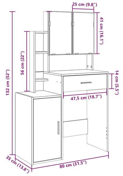 VidaXL Sminkasztal Szekrény - Beton Szürke - 80x35x132 cm