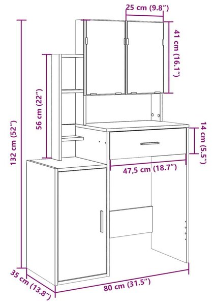 VidaXL Sminkasztal Tükörrel - 80x35x132 cm
