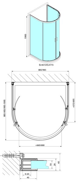 Polysan Polysan, EASY félkör alakú zuhanyfal, 900x900 mm, átlátszó üveg, EL4615