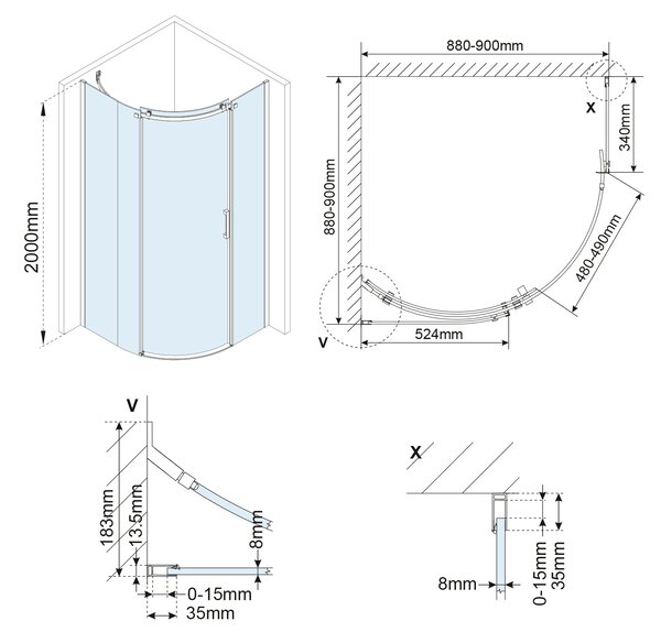 Polysan Polysan, THRON SQUARE negyedkör alakú zuhanyfal 900x900 mm, átlátszó üveg, bal oldali, TL2690-5002