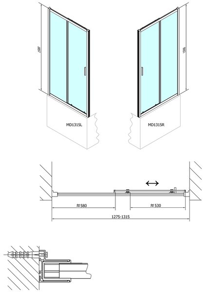 Polysan Polysan, DEEP tolóajtó zuhanykabinhoz 1300x1500mm, átlátszó üveg, MD1315