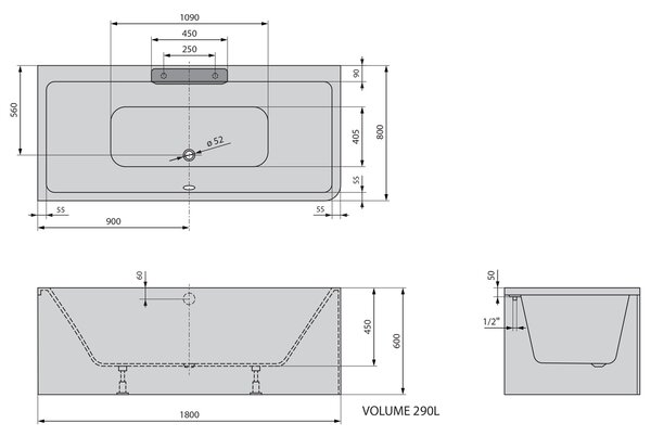 Polysan Polysan, CASCATA L MONOLITH téglalap alakú kád 180x80x60cm, kaszkád rozsdamentes acél, 73836ML.100
