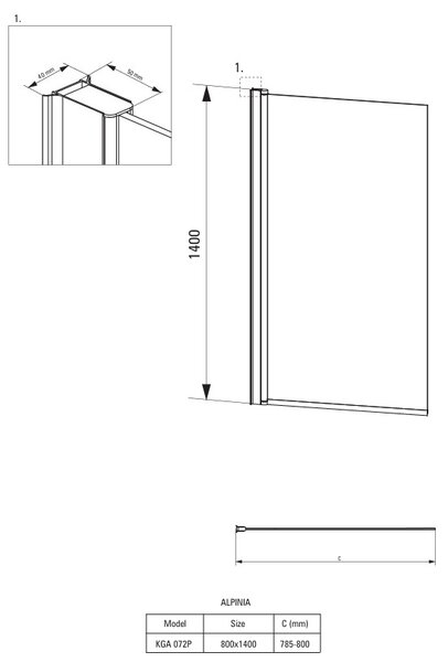 Deante Alpinia, kádparaván 80x140 cm, forgó szárny emelőpánttal, 6 mm-es átlátszó üveg, króm profil, DEA-KGA_072P