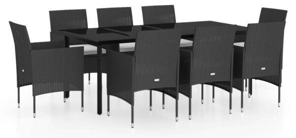 Rattan Kerti Étkezőgarnitúra - 9 részes - Fekete