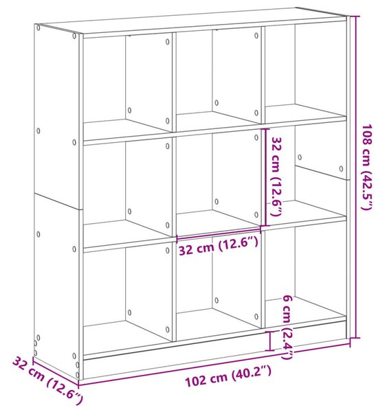 VidaXL Fa Könyvespolc - 9 Rekeszes - Sonoma Tölgy - 102x32x108 cm