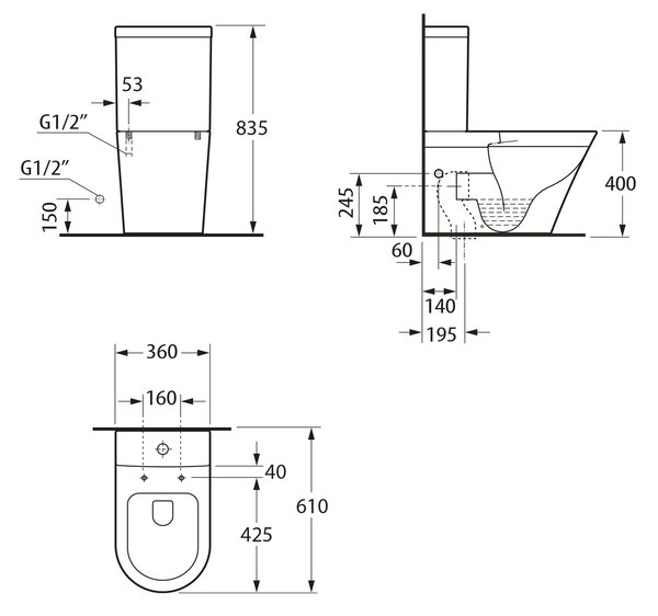 Bruckner Bruckner, DARIO RIMLESS kombinált WC-csésze tartállyal, alsó/hátsó lefolyóval, fehér, 201.428.4