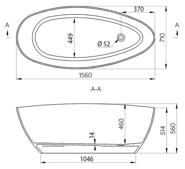 Gelco Gelco, ELIPSIE - kád, 1570x700x560mm, öntött márvány, űrtartalom 260l, fehér fényű, GVEL1570