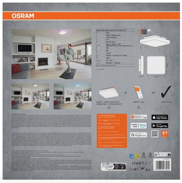 OSRAM OSRAM, ORBIS BACKLIGHT mennyezeti lámpa, 350x350mm, WIFI RGB + szabályozható, OSRAM, 2800lm, 28W, IP20, fehér, AC314090255