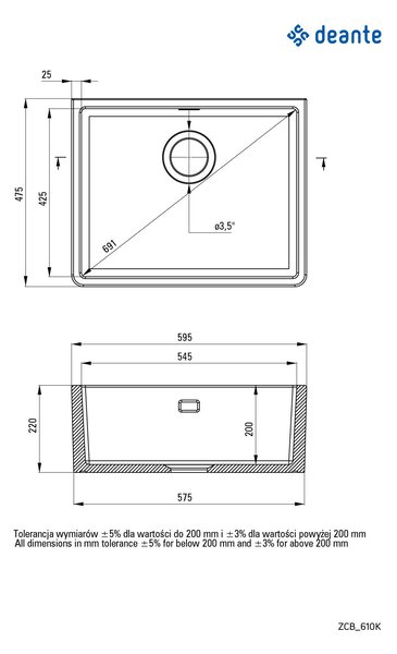 Deante Sabor, kerámia mosogató a lemez alá süllyeszthető B / O 595x475x220 mm + helytakarékos szifon, 1 kamrás, fehér, ZCB_610K