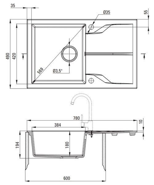 Deante Andante, 1 kamrás gránit mosogató 780x490x194 mm + fekete csaptelep rugalmas karral, bézs, DEA-ZQNN5113