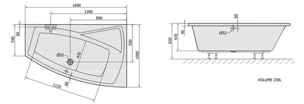 Polysan Polysan, EVIA R aszimmetrikus kád 160x100x47cm, jobb, fehér, 12611
