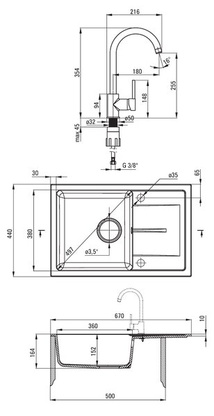 Deante Leda, gránit 1kamrás mosogató tányérhoz 670x440x164 mm + mosogató keverő BEN 762M homok + szifon, homok, ZRDA7113