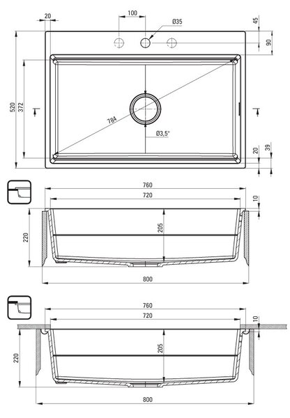 Deante Magnetic, 1 kamrás gránit mosogató 760x520x220mm, fehér matt, DEA-ZRM_A10B