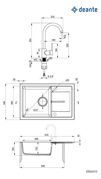 Deante Leda, gránit 1kamrás mosogató tányérhoz 670x440x164 mm + mosogató keverő BEN 762M homok + szifon, homok, ZRDA7113