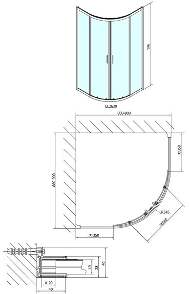 Polysan Polysan, EASY LINE negyedkör alakú zuhanyparaván 900x900mm, üveg BRICK, EL2638