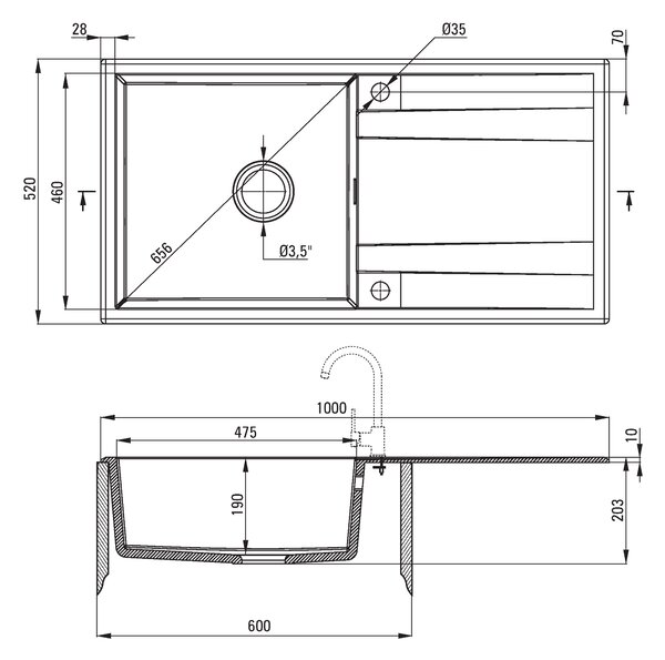Deante Eridan, gránit munkalap 1000x520x203 mm Z / O, 3,5"+ helytakarékos szifon, 1kamrás, fekete, ZQE_N713
