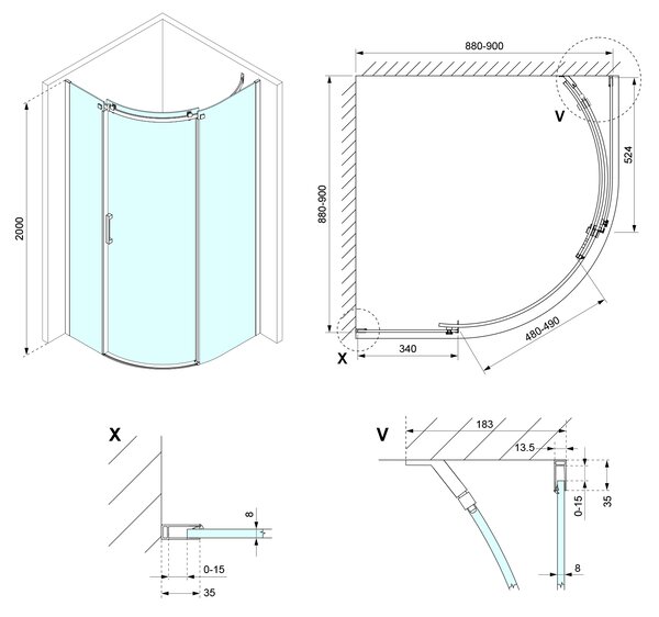 Polysan Polysan, THRON ROUND negyedkör alakú zuhanyfal 900x900 mm, átlátszó üveg, jobb oldali, TL2690R-5005