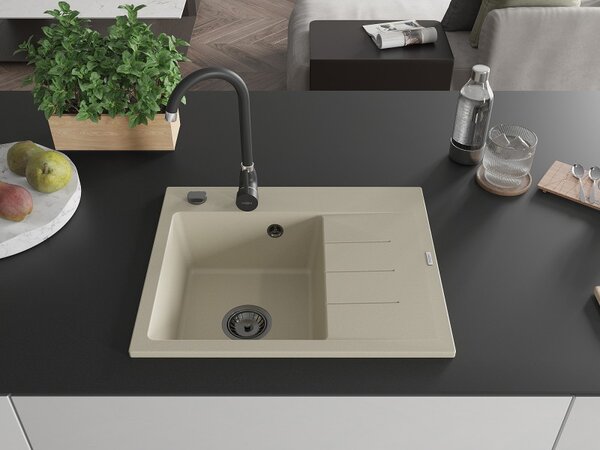 Mexen Ben, 1 kamrás gránit mosogató 600x500x190 mm, bal + fekete szifon, bézs, 6522605000-69-B