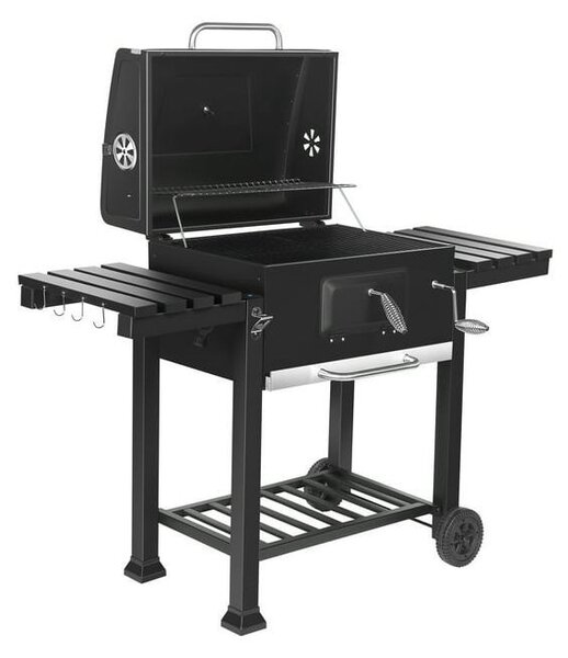 Procart Mozgatható kerti grillsütő, hőmérővel és hamutartállyal, XXL grill 2 összecsukható polccal, 115x46x106 cm