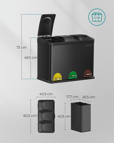SONGMICS 3 rekeszes pedálos szelektív szemetes, 45 L (3 x 15 L), tintafekete