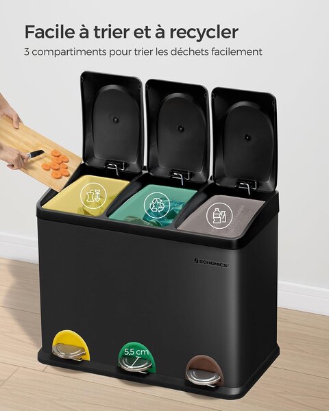 SONGMICS 3 rekeszes pedálos szelektív szemetes, 45 L (3 x 15 L), tintafekete