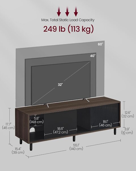 VASAGLE TV-állvány szerszámmentes összeszereléssel (akár 60" TV-hez), 140 x 39 x 45 cm, hamubarna