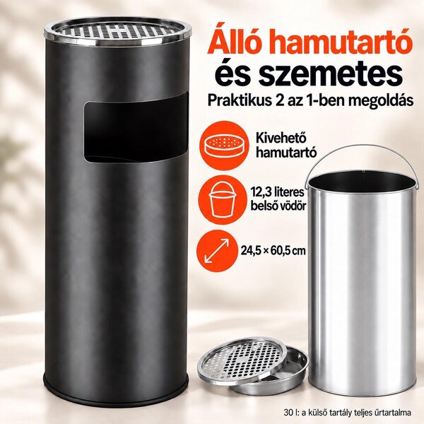 Álló hamutartós szemetes, 30 literes, kivehető belső vödörrel, fekete/ezüst