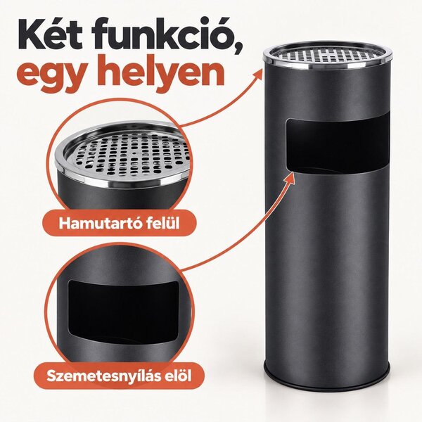 Álló hamutartós szemetes, 30 literes, kivehető belső vödörrel, fekete/ezüst