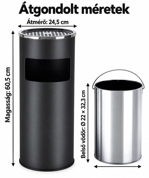 Álló hamutartós szemetes, 30 literes, kivehető belső vödörrel, fekete/ezüst