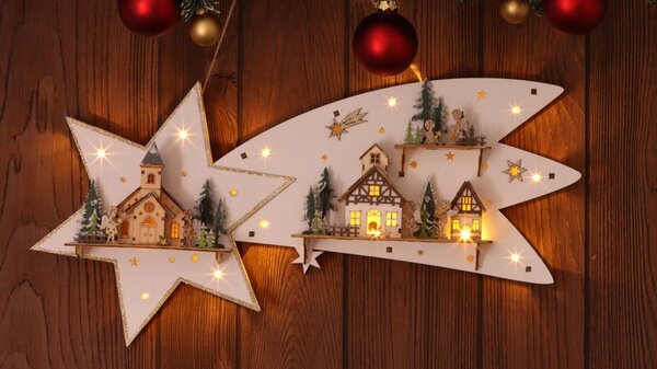 Tracon CHRBSTWW13WW LED karácsonyi csillag tájképpel, fehér, fa, elemes Timer 6+18h,13LED, meleg fehér ( 3000K ) színhőmérséklettel, 2xAA ( CHRBSTWW13WW )