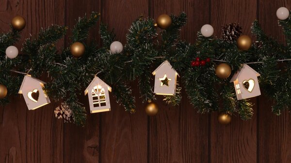 Tracon CHRSTHWWG10WW LED karácsonyi lánc, házikó, fehér, fa, elemes Timer 6+18h,10LED, meleg fehér ( 3000K ) színhőmérséklettel, 2xAA