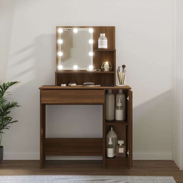 VidaXL barna tölgyszínű LED-es fésülködőasztal 86,5 x 35 x 136 cm