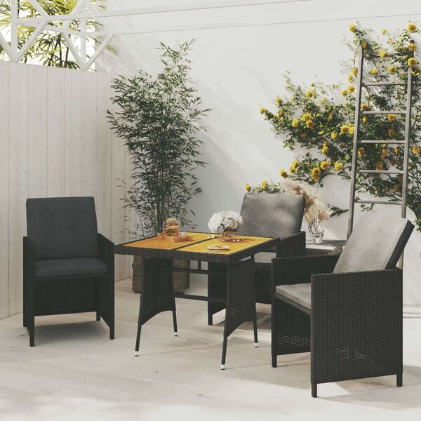 Kerti Asztal - Fekete Polyrattan - Akácfa - 70x70 cm