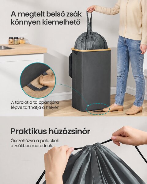 SONGMICS palackgyűjtő, 100 literes, bedobónyílásos fedéllel és kivehető belső zsákkal, szürke-bézs