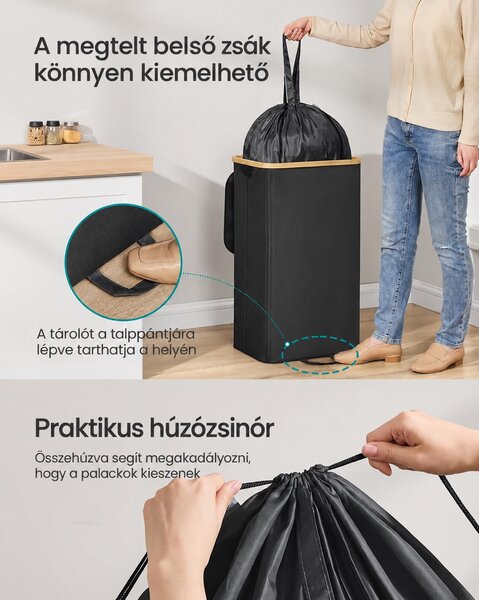 SONGMICS palackgyűjtő, 95 literes, bedobónyílásos fedéllel és kivehető belső zsákkal, fekete-bézs