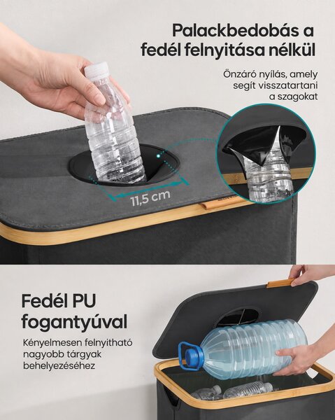 SONGMICS palackgyűjtő, 100 literes, bedobónyílásos fedéllel és kivehető belső zsákkal, szürke-bézs