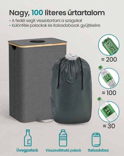 SONGMICS palackgyűjtő, 100 literes, bedobónyílásos fedéllel és kivehető belső zsákkal, szürke-bézs