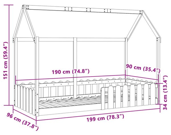 VidaXL tömör fenyőfa házikó gyerekágykeret 90 x 190 cm