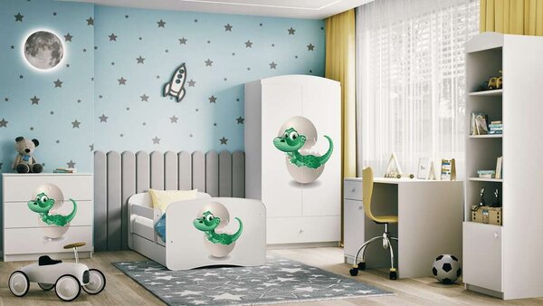 Babydreams Fehér kis dínó ágy fiók nélkül, matrac 180/80