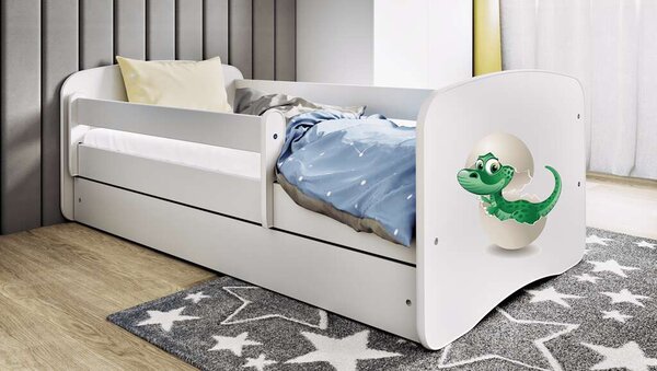 Babydreams Fehér kis dínó ágy fiók nélkül, matrac 180/80