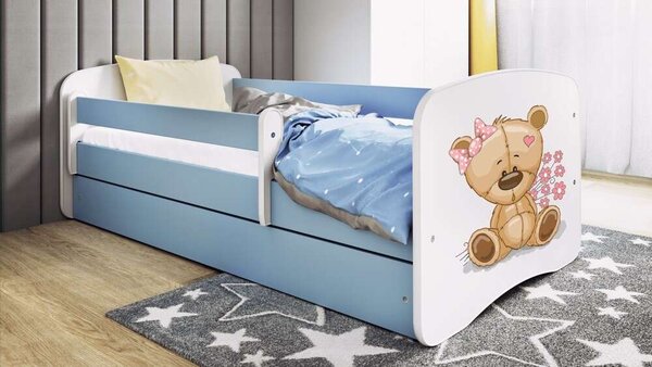 Babydreams ágy, kék maci, virágok, fiók nélkül, matrac nélkül, 140/70