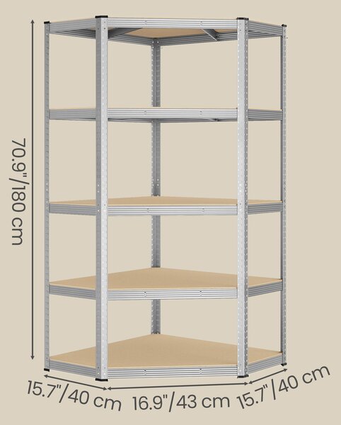 SONGMICS fém sarokpolc, 5 szintes, 875 kg teherbírás, 180 x 90 x 90 cm