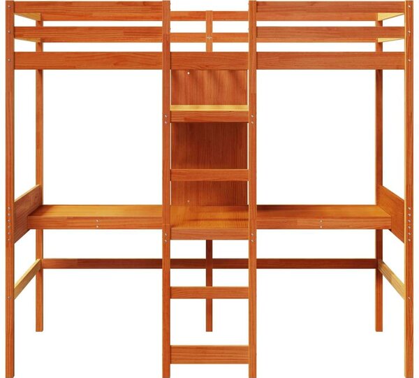 VidaXL barna fenyő galériaágy-keret asztallal és polcokkal 90 x 200 cm