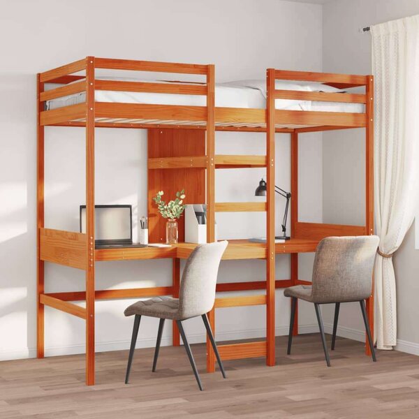 VidaXL barna fenyő galériaágy-keret asztallal és polcokkal 90 x 200 cm